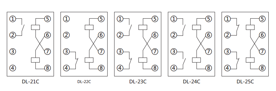 DL-24C系列電流繼電器內部接線及外引接線（正視圖）