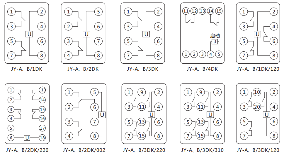 JY-B/2DK無(wú)輔源電壓繼電器內(nèi)部接線(xiàn)圖及外引接線(xiàn)圖（正視圖） 